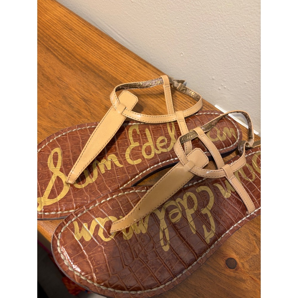 Sam Edelman Gigi Tan‎ Brown Croc Embossed T-Strap Thong Flat Sandals Womens
